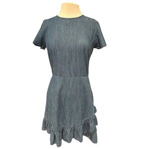 Draper James Blue Denim Ruffle Hem Short Sleeve Dress Size 10 Cotton Womens Casu